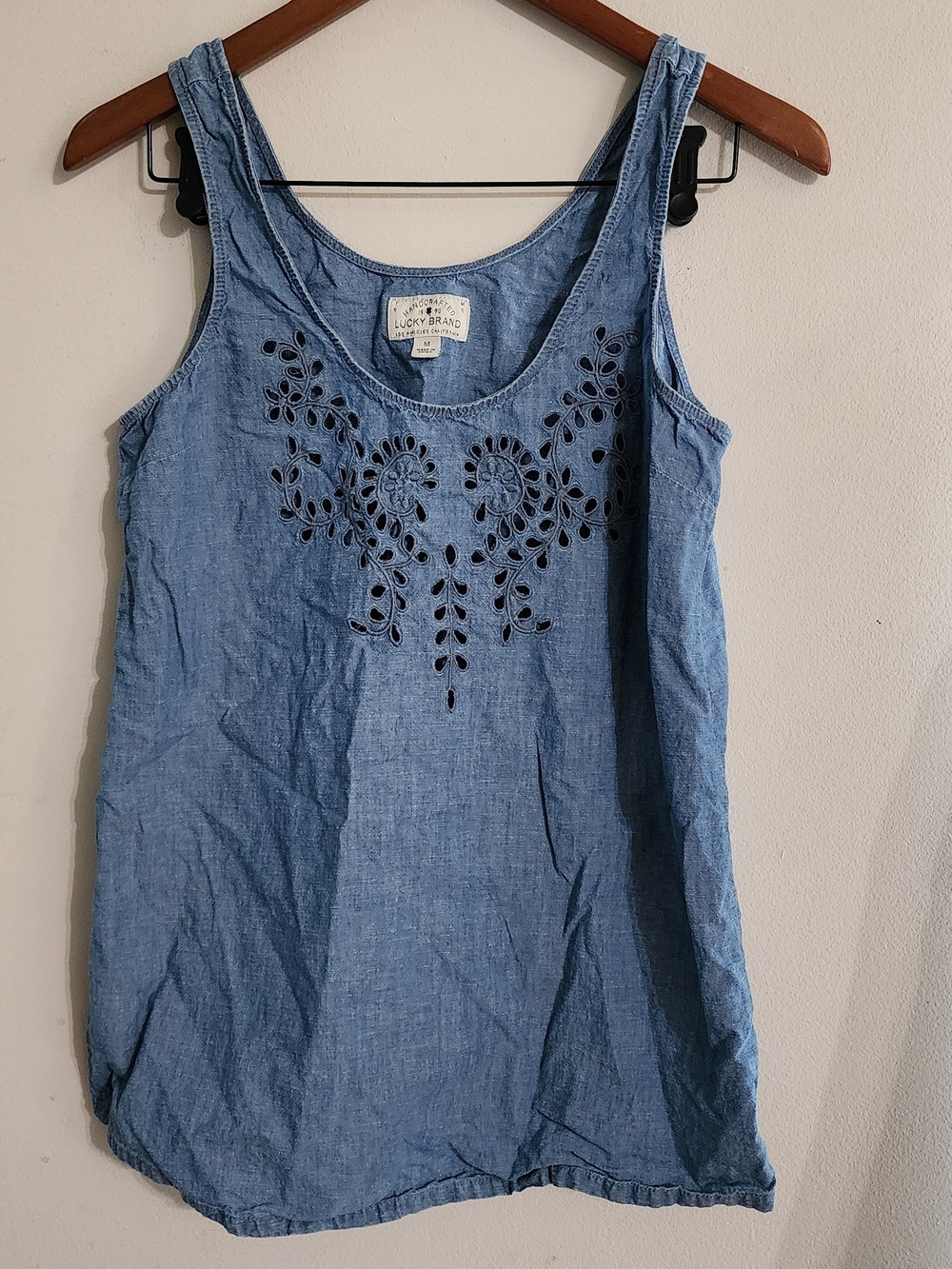 Lucky Brand Blue Cotton Hemp Embroidered Cutout Eyelet Tank Top Sz M